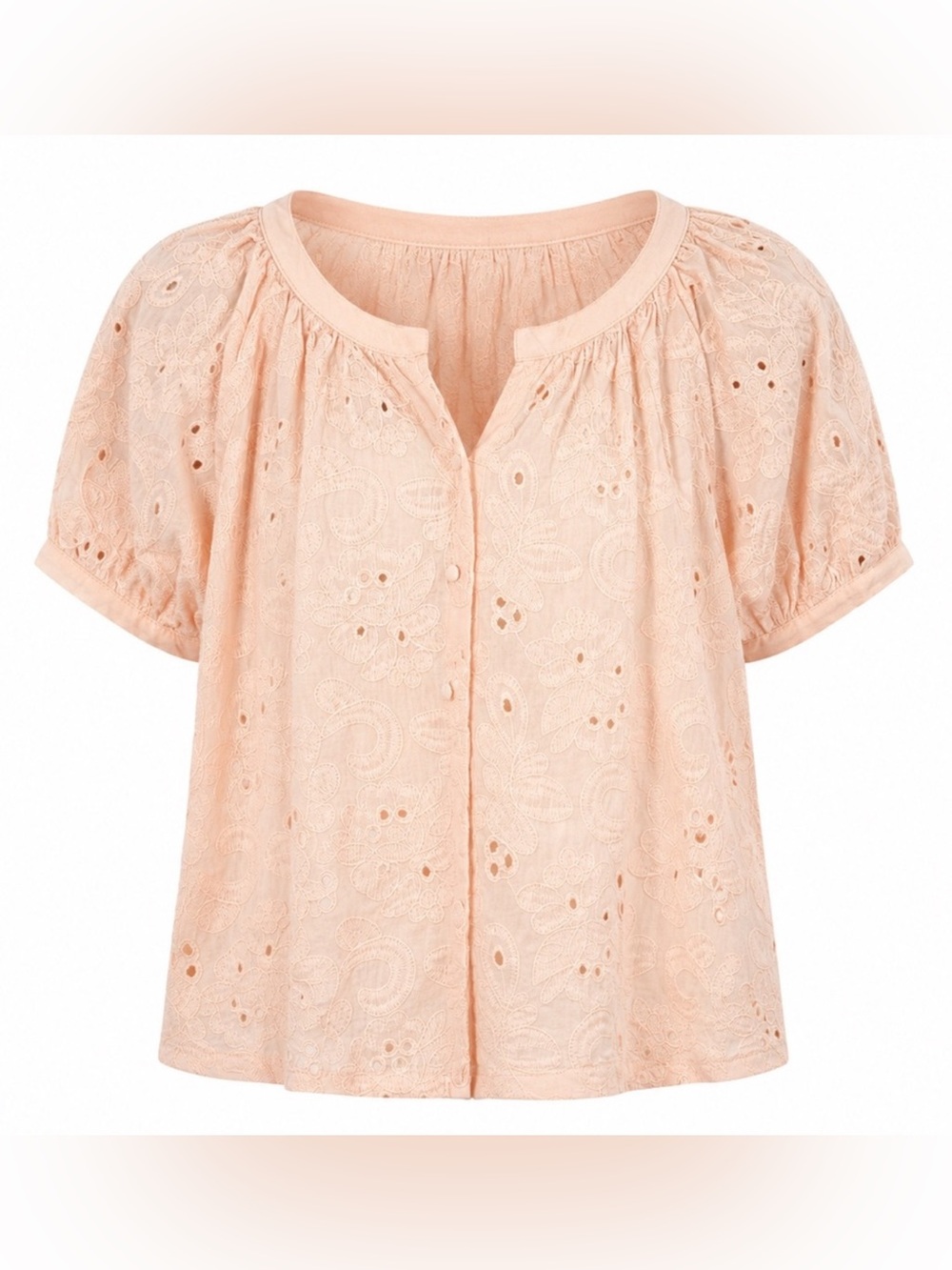 Pink Eyelet V-Neck Puff Sleeve Button Down Blouse by Calypso St. Barth NWT